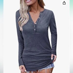 OUGES Womens Long Sleeve V-Neck Button Henley Top NWT